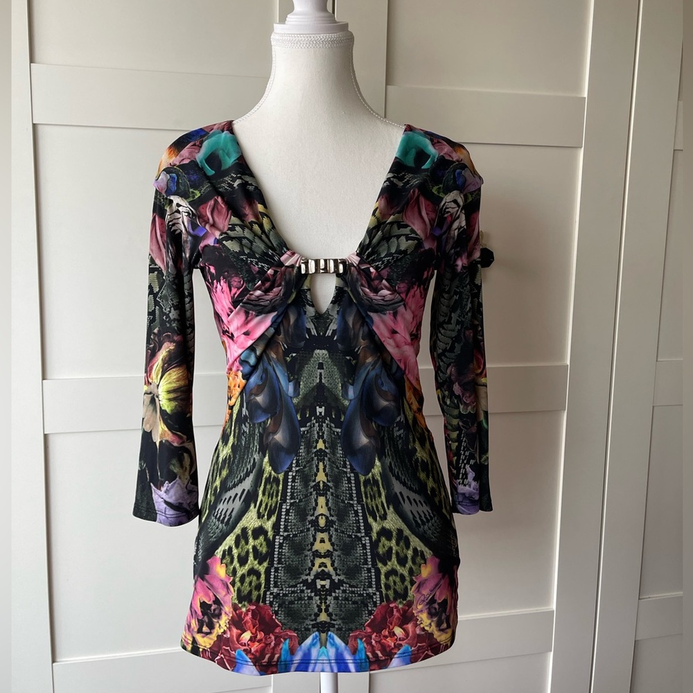 Roberto Cavalli Floral & Animal Print Bodycon  Top, Cutout Detail sz 42